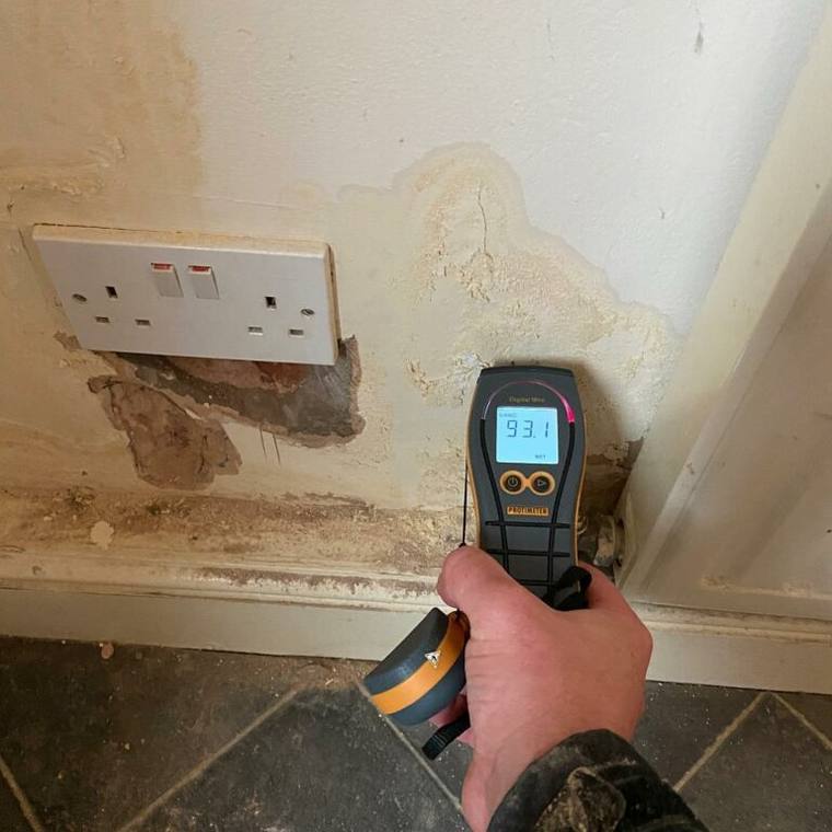 Four photographs of the same room showing damp tide marks on the walls before treatment and the finished replastered walls afterwards.