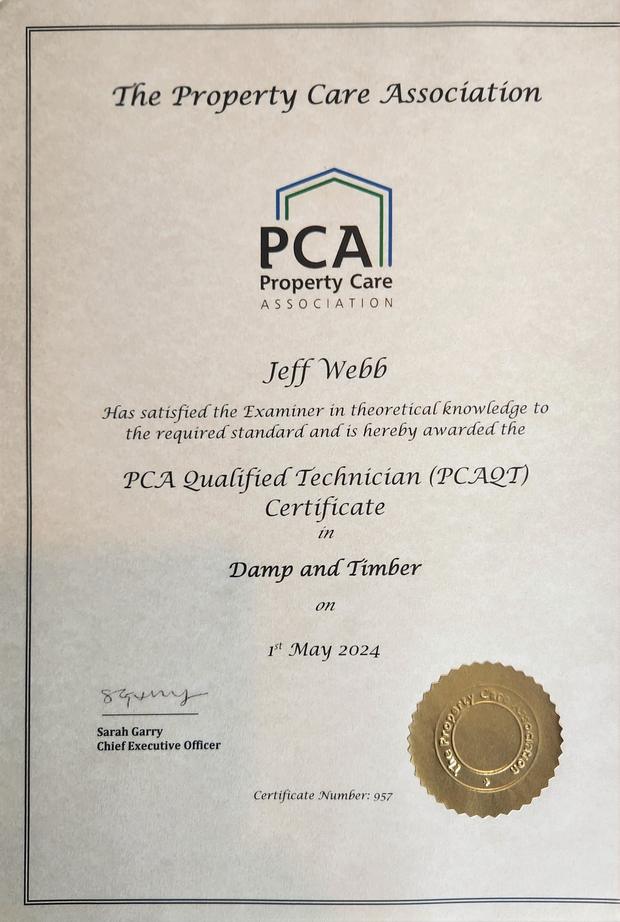 Property Care Association certificate awarding Jeff Webb the PCA Qualified Technician certificate in Damp and Timber, dated 1 May 2024, certificate number 957.